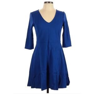 Lark & Ro Solid Royal Blue A-Line Dress V Neck 3/4 Sleeves Skater Fit and Flare